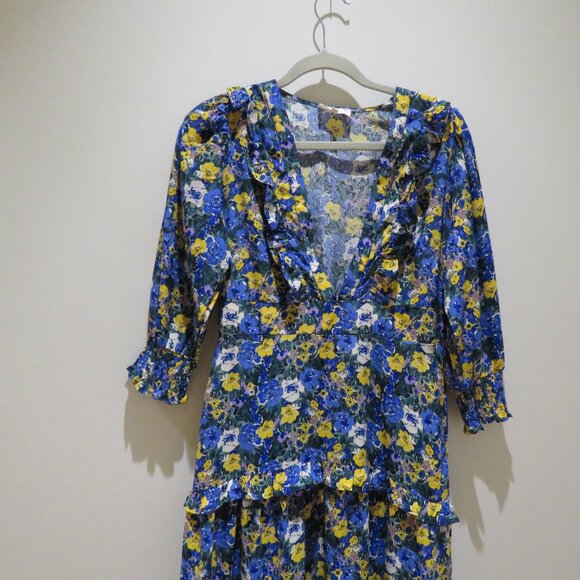 MELLODAY Ditsy Blue Yellow Floral Tiered Ruffle Maxi Dress Boho Cottagecore Trad - Picture 3 of 14